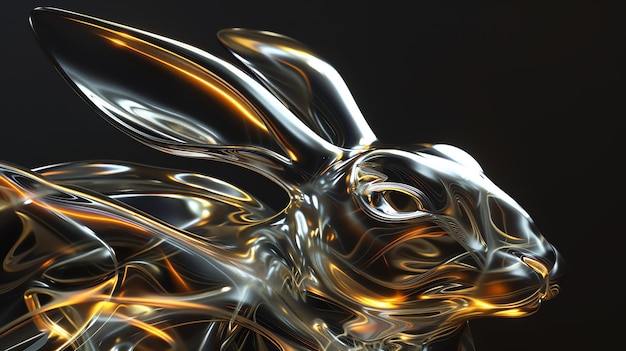 Renderização 3D de uma cabeça de coelho de metal brilhante com detalhes laranja brilhante O coelho está voltado para a direita do espectador