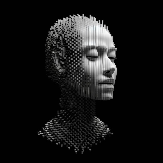renderização 3D de uma cabeça feminina feita de pixels em um fundo preto