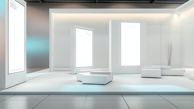 Renderização 3D de uma cabine de exposição em branco A cabine está localizada em um grande salão brilhante com um chão de telhas