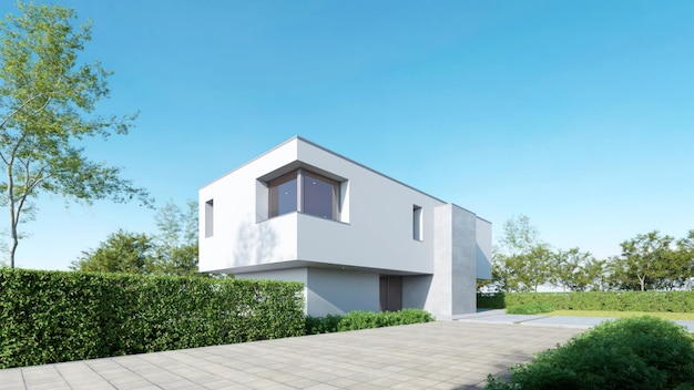 Renderização 3D de uma casa branca de luxo moderna com entrada de garagem e chão de concreto