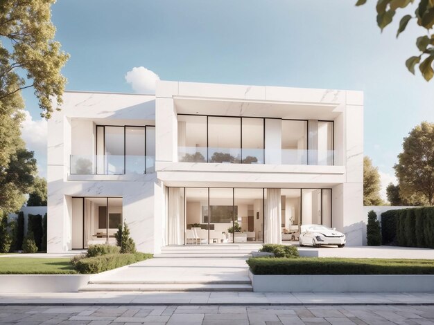 Renderização 3D de uma casa com fachada clara Casa em mármore branco Arquitetura moderna