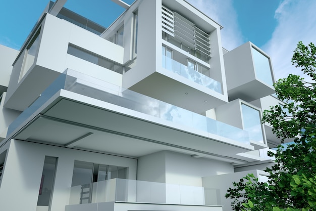 Renderização 3D de uma casa cúbica moderna, close-up