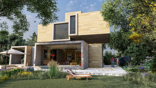 Renderização 3D de uma casa cúbica moderna em madeira e concreto com piscina e jardim