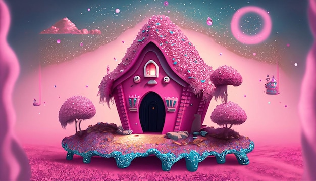 Renderização 3D de uma casa de conto de fadas rosa linda e brilhante