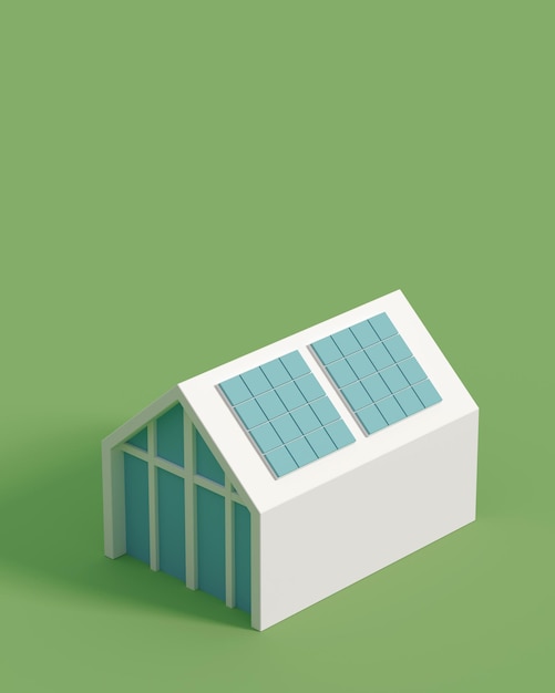 Renderização 3d de uma casa isométrica com painéis solares o ícone de uma casa ecológica inteligente