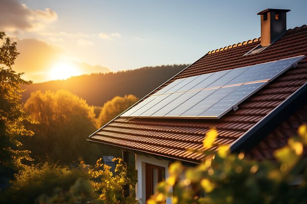 Renderização 3D de uma casa moderna com painéis solares no telhado ao pôr do sol