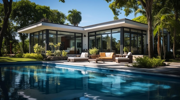 Renderização 3D de uma casa moderna e aconchegante com estacionamento e piscina para venda ou aluguel com fachada de pranchas de madeira por