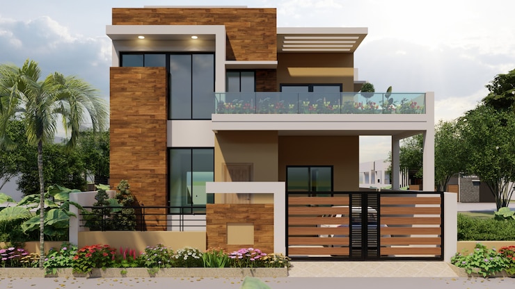 Renderização 3D de uma casa moderna individual