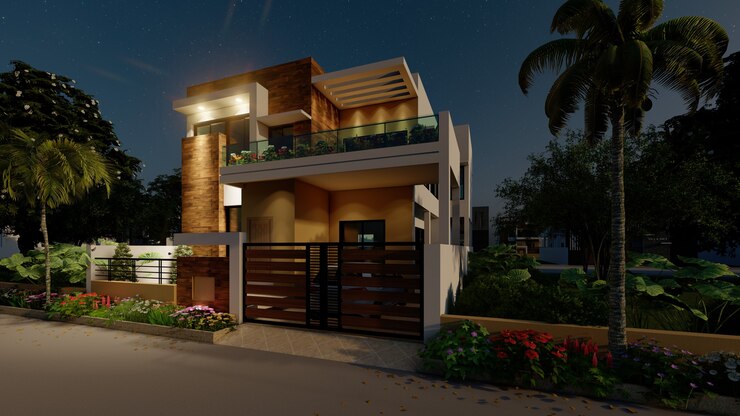 Renderização 3D de uma casa moderna individual