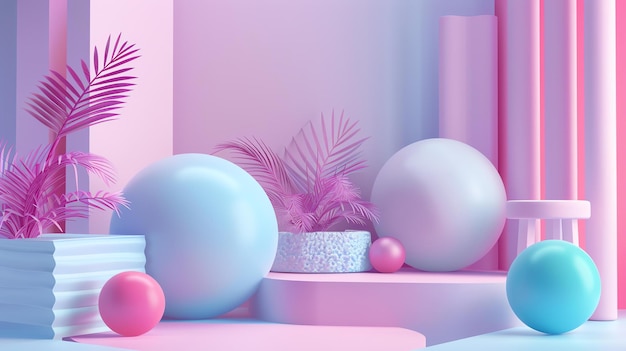 Renderização 3D de uma cena abstrata rosa e azul com esferas e folhas de palmeira