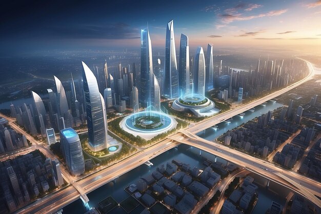 Renderização 3D de uma cidade inteligente conceitual com fundo de tecnologia de conectividade avançada