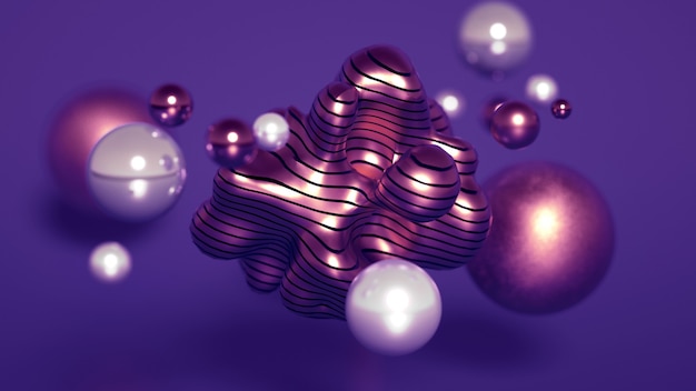 Renderização 3D de uma composição realista. Esferas voadoras, toros, tubos, cones e cristais em movimento. Minimalismo de fundo de bela abstração. Ilustração 3D, renderização em 3D.