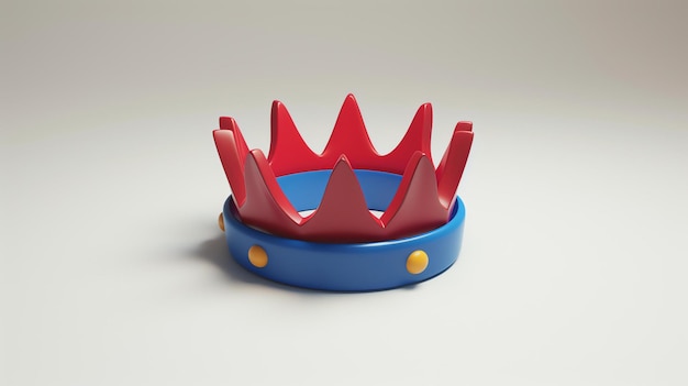 Foto renderização 3d de uma coroa vermelha e azul com jóias amarelas a coroa está sobre um fundo branco e tem um design simples