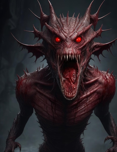 Renderização 3D de uma criatura alienígena de fantasia com sangue no corpo