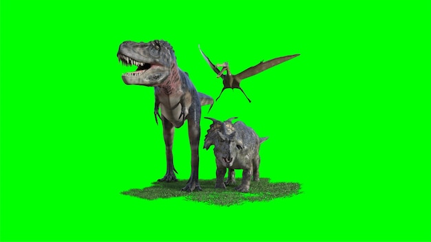 Renderização 3D de uma criatura dinossauro em fundo verde