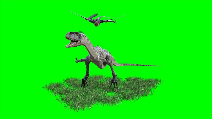 Foto renderização 3d de uma criatura dinossauro em fundo verde