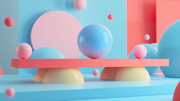 Renderização 3D de uma esfera azul em uma plataforma rosa O fundo é de cor azul claro