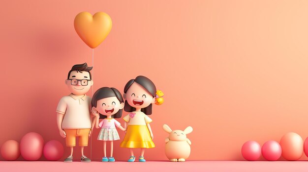 Renderização 3D de uma família feliz de mãos dadas com um coelho bonito de pé ao lado deles A família está sorrindo e parece feliz