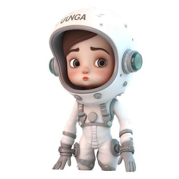Renderização 3D de uma garota astronauta isolada em fundo branco com caminho de recorte