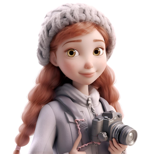 renderização 3D de uma garota com uma câmera em um fundo branco