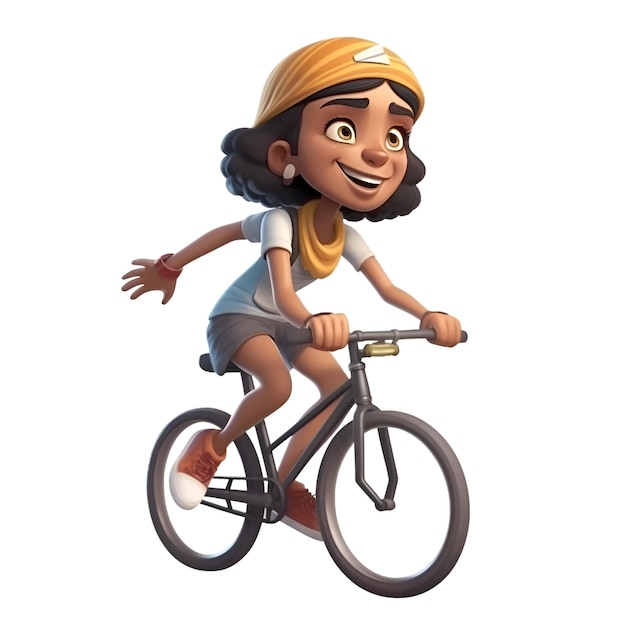 Renderização 3D de uma garota de desenho animado bonita andando de bicicleta isolada em fundo branco