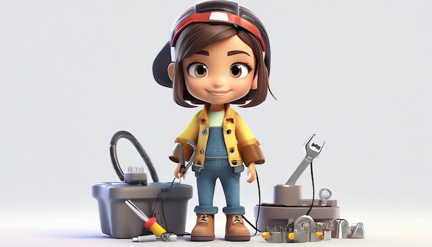 Renderização 3D de uma garota de desenho animado bonita com ferramentas de eletricista