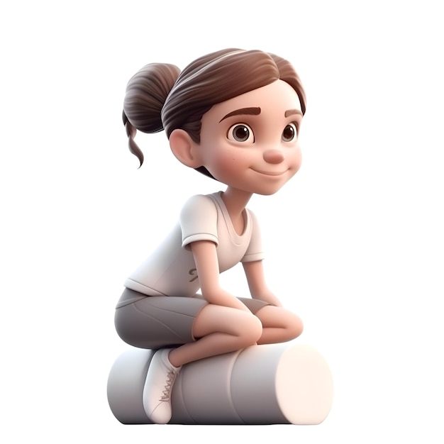 Renderização 3D de uma garota de desenho animado bonita sentada em um fundo branco