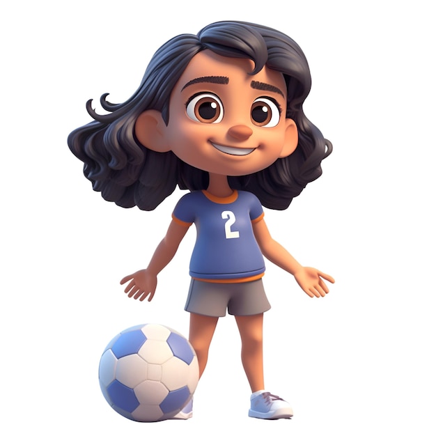 Renderização 3D de uma garota de desenho animado com bola de futebol isolada em fundo branco