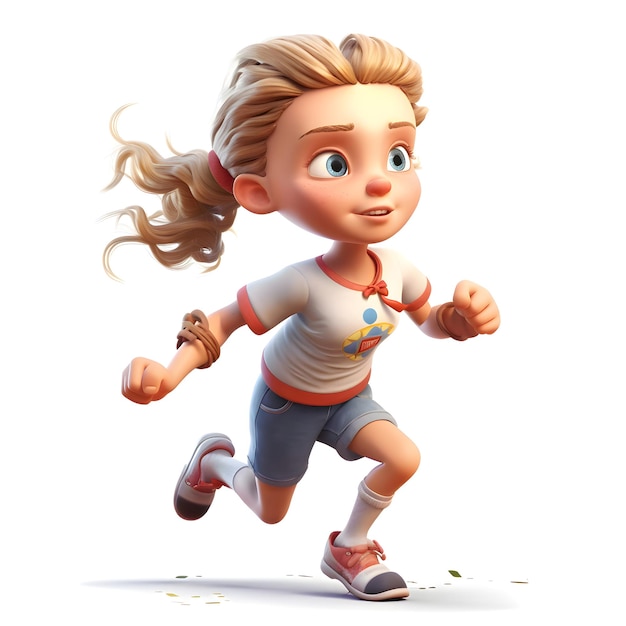 Renderização 3D de uma garotinha correndo com o cabelo ao vento