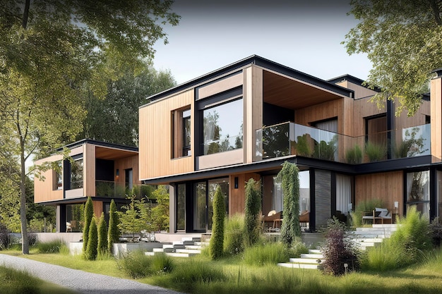 renderização 3D de uma grande casa contemporânea moderna em madeira e concreto gerar ai