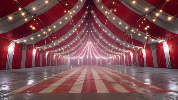 Renderização 3D de uma grande tenda de circo com cores vermelhas e brancas se misturando com a iluminação