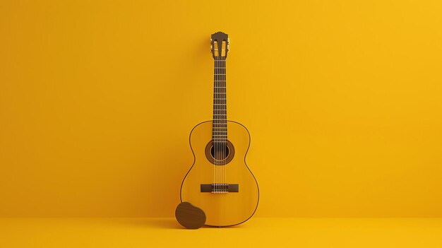 Renderização 3D de uma guitarra acústica espanhola clássica A guitarra é colocada contra um fundo amarelo sólido com um spotlight brilhando sobre ela