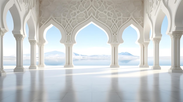 Renderização 3D de uma janela arqueada em uma sala branca com conceito islâmico de céu azul