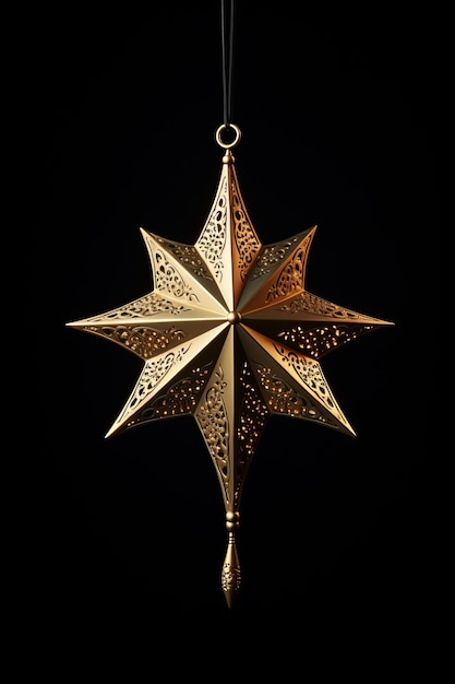 Foto renderização 3d de uma lanterna brilhante em forma de estrela de oito pontas com intrincados padrões de recorte pendurados em um cordão preto contra um fundo preto
