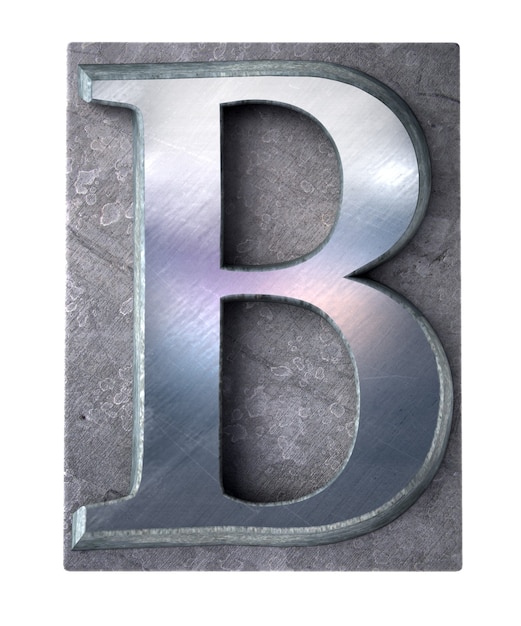 Renderização 3d de uma letra b maiúscula em impressão datilografada metálica