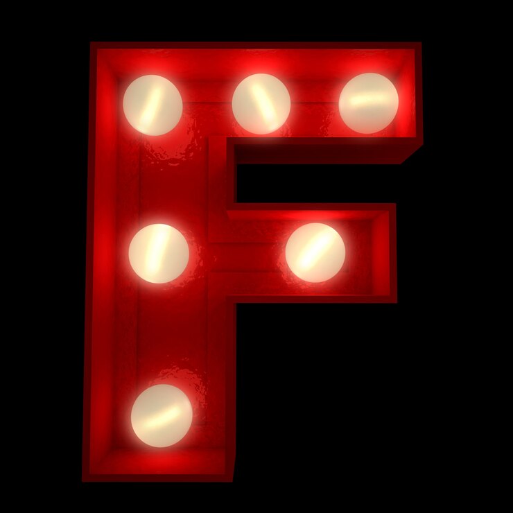 Foto renderização 3d de uma letra f brilhante, ideal para placas do show business