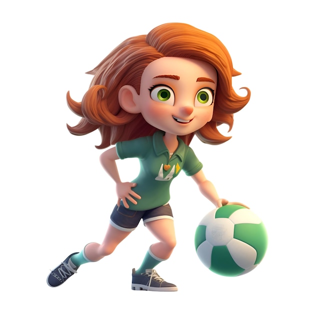 Foto renderização 3d de uma linda garota de desenho animado jogando futebol isolada em fundo branco