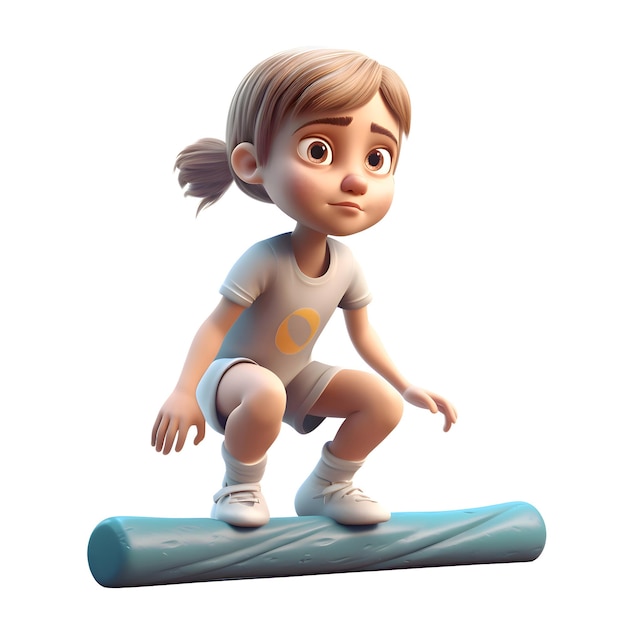 renderização 3D de uma linda garotinha sentada em uma prancha de snowboard