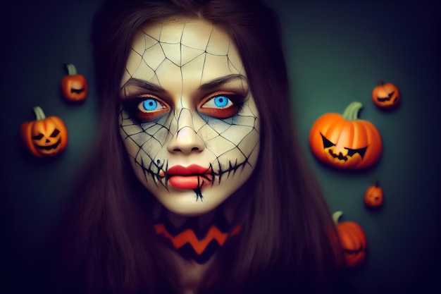 renderização 3D de uma linda mulher com maquiagem para decoração de halloween e halloween