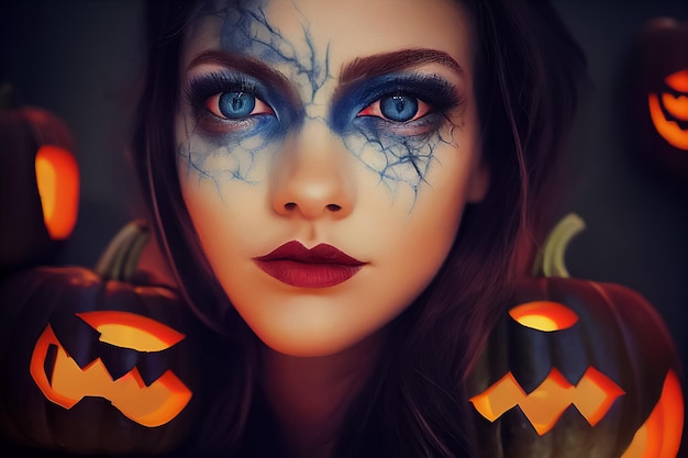 renderização 3D de uma linda mulher com maquiagem para decoração de halloween e halloween