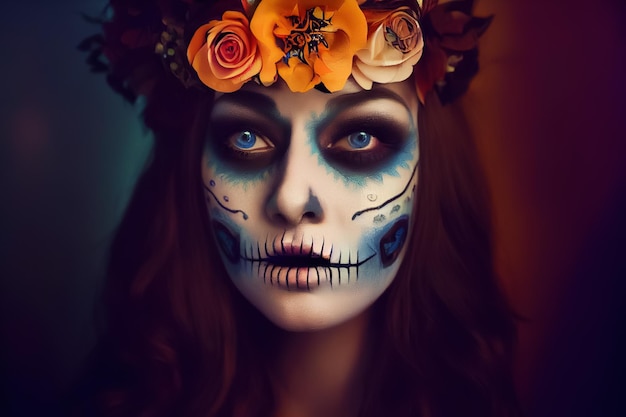 renderização 3D de uma linda mulher com um dia de maquiagem morta para o halloween