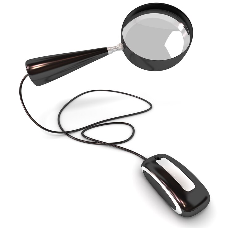 Foto renderização 3d de uma lupa preta conectada a um mouse de computador