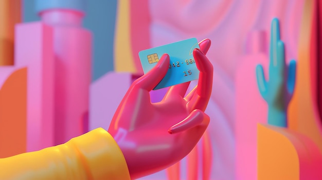 Renderização 3D de uma mão rosa segurando um cartão de crédito azul A mão está segurando o cartão na frente de um fundo colorido