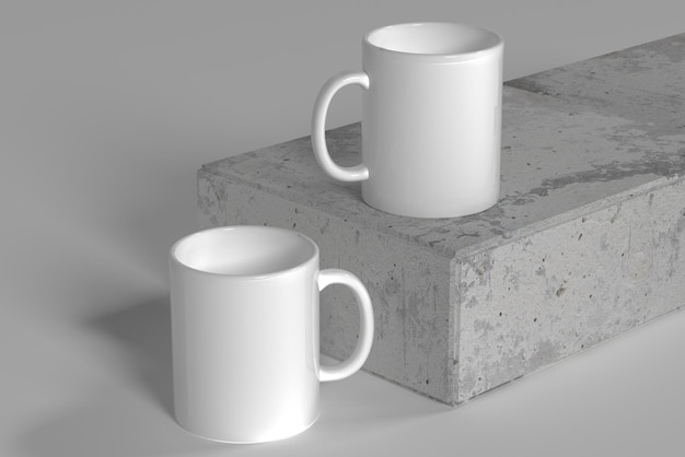 Renderização 3D de uma maquete de copos de sublimação vazios em um fundo cinzento e de granito a partir de diferentes ângulos maquete para mostrar o projeto