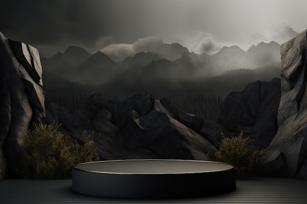 Renderização 3D de uma maquete de fundo de palco de pódio de luxo com vitrine de produto natural verde pedra escura