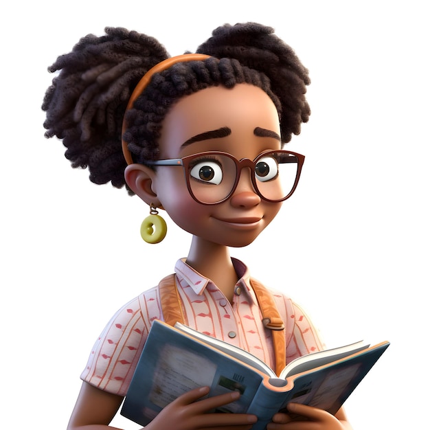 Renderização 3D de uma menina afro-americana com óculos lendo um livro