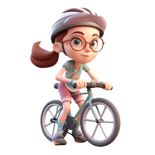 Foto renderização 3d de uma menina andando de bicicleta com óculos isolados em fundo branco