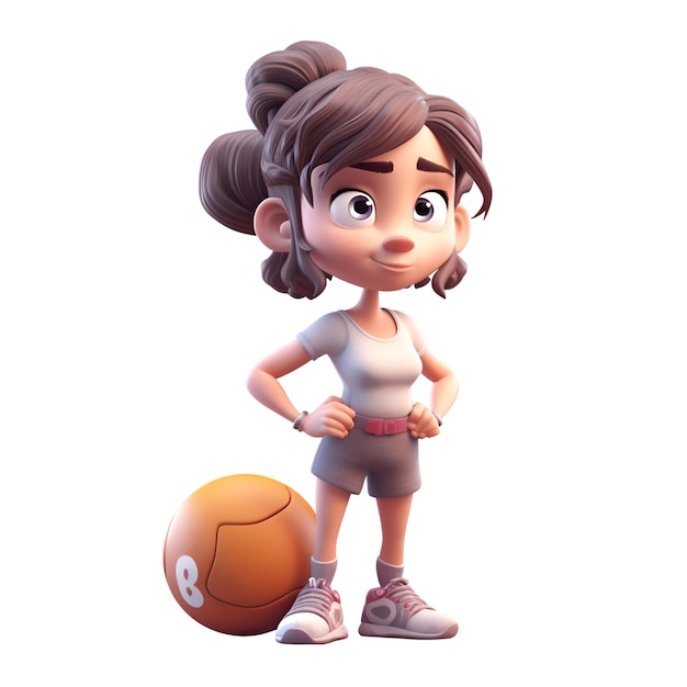 Renderização 3D de uma menina bonita com uma bola de tênis