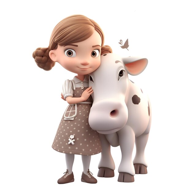 renderização 3D de uma menina bonitinha com uma vaca em um fundo branco