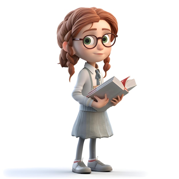 Renderização 3D de uma menina com livro e óculos